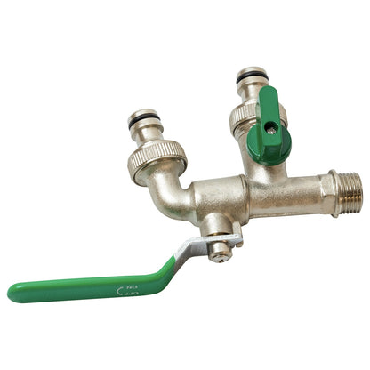 Woodside Brass Nickelplated ½†Double Outlet Garden Tap, 2 x ¾†Hose Connectors