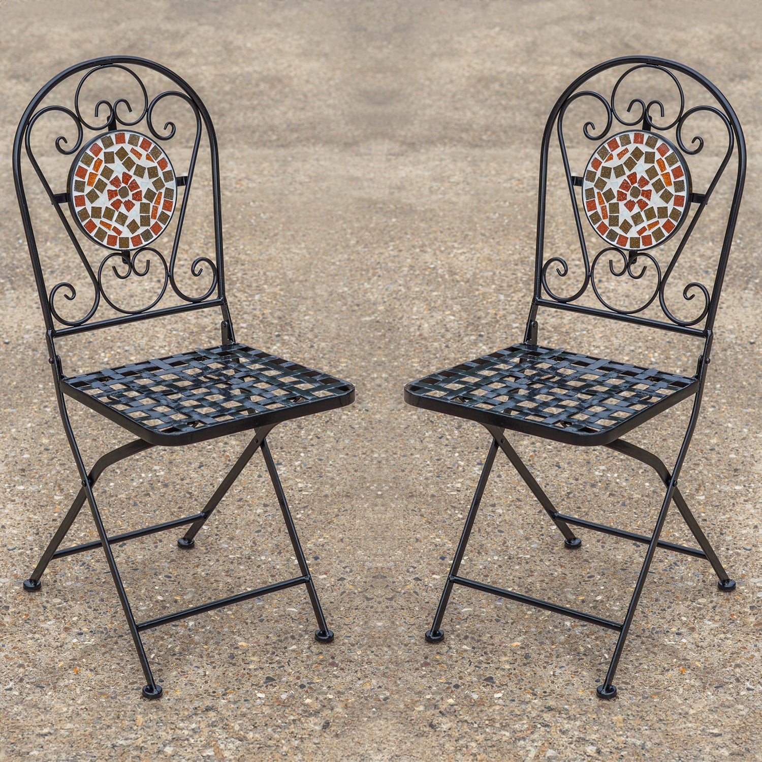 Folding Garden Bistro Chairs – Folding Metal Outdoor Chairs, Terracotta Tile Design x 2