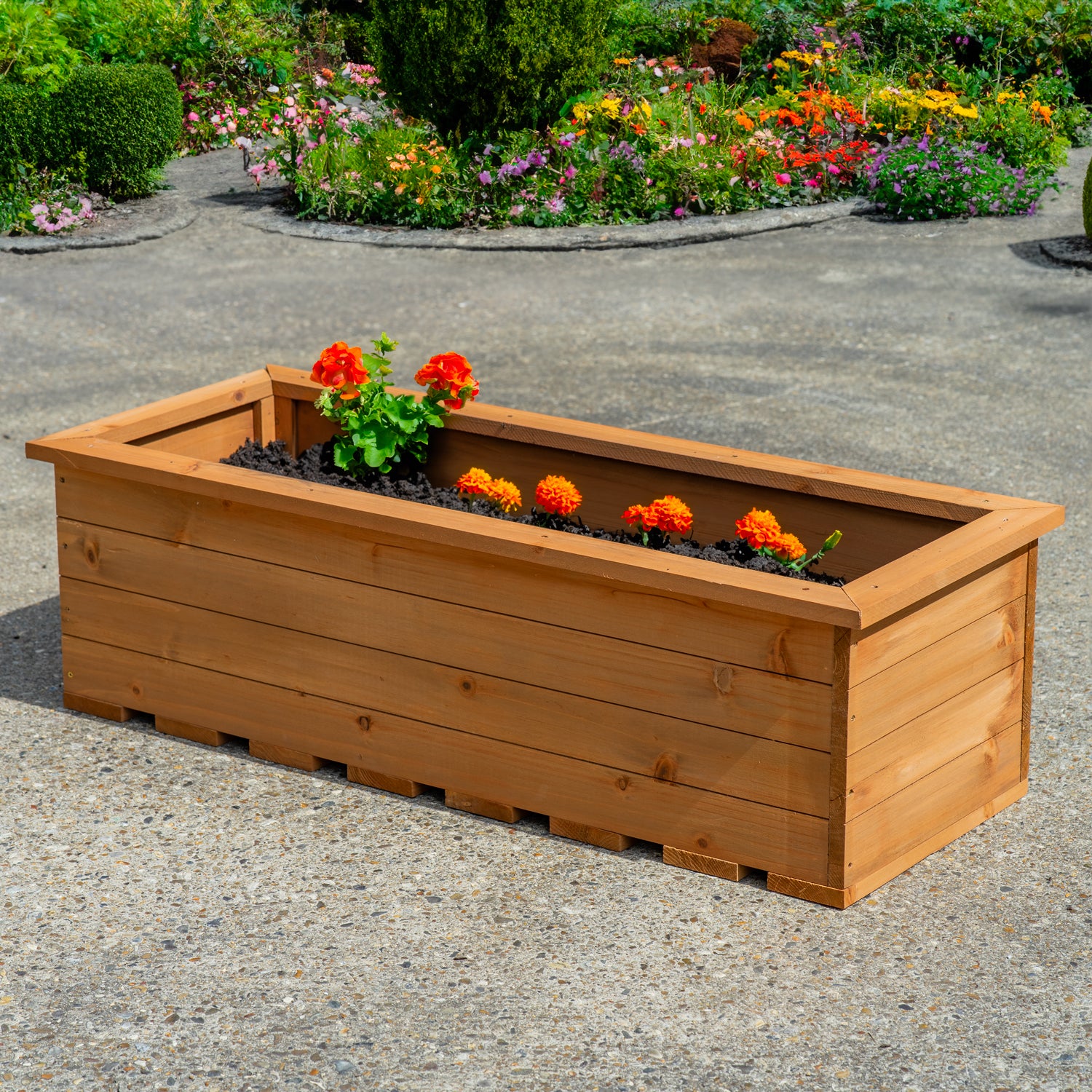 Woodside Reedham Stained Wooden Garden Trough Planter/Flower Trough Box, 95 Litres