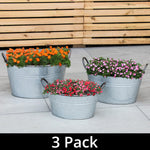Woodside Vintage Galvanised Steel Garden & Home Flower Planter Tubs, Pack of 3
