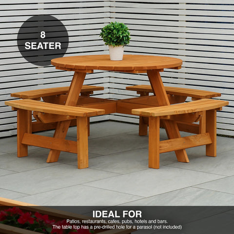 Wooden picnic table set with benches on a patio, suitable for 8 people.