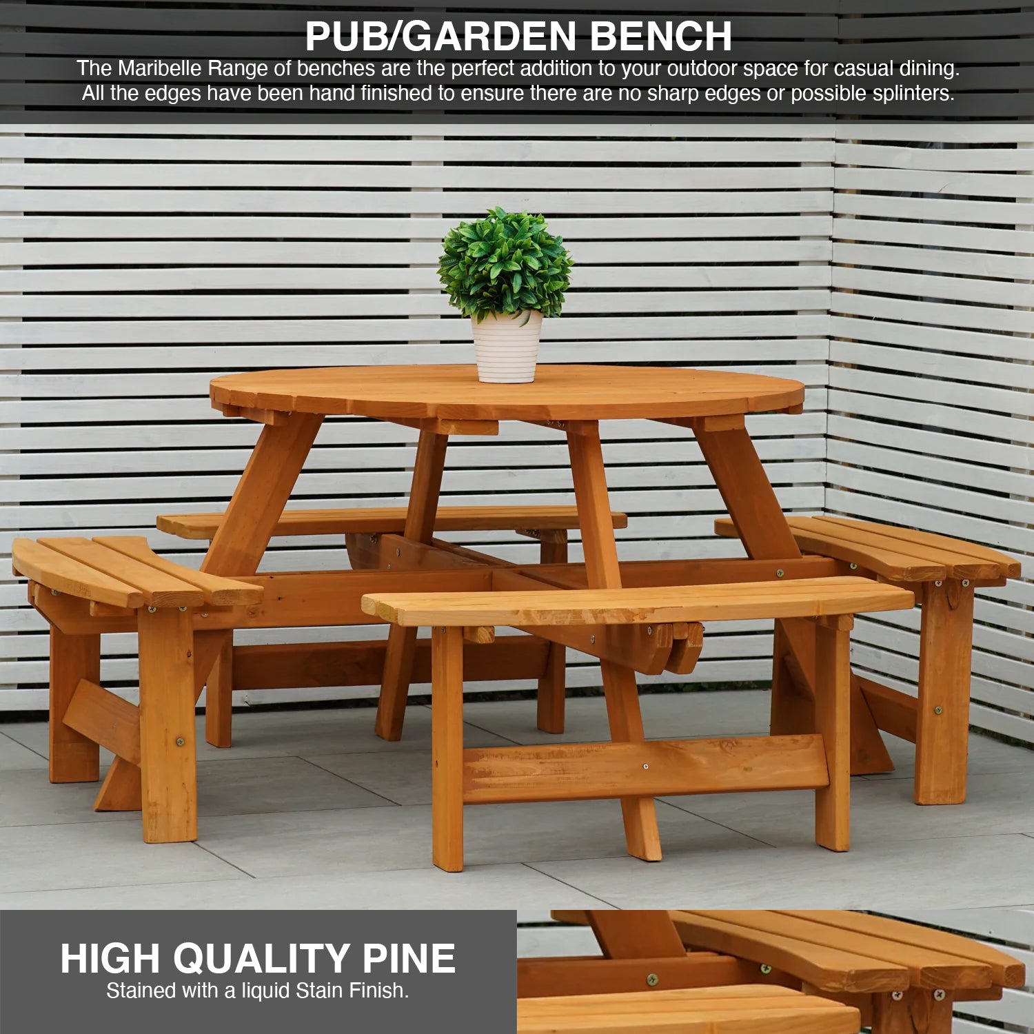 Wooden bench and table set with a plant on top, against a neutral background.