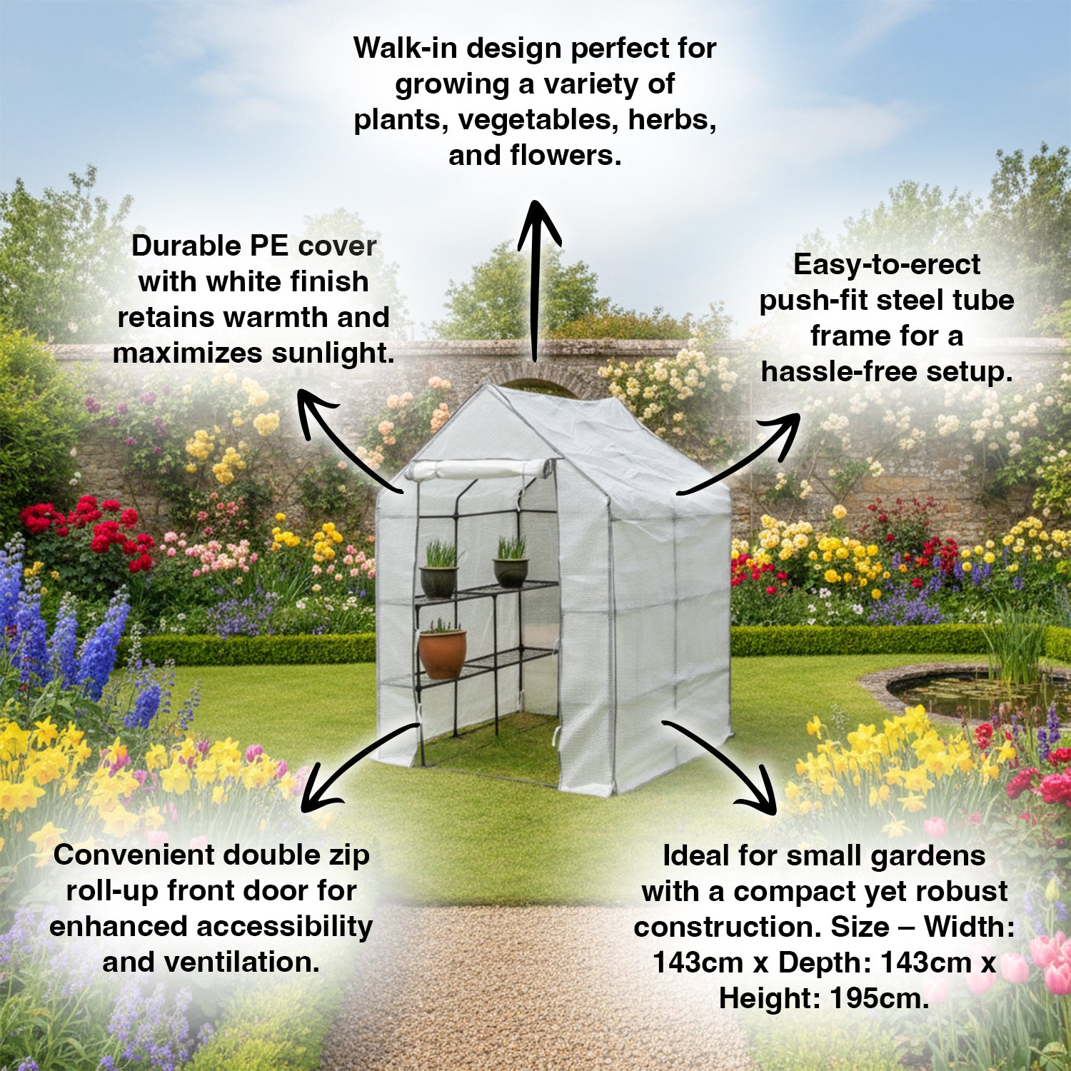 Woodside Large Walk-in Greenhouse with Netted PE Cover 4 Shelves Steel Frame