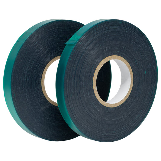 Two rolls of green 12mm wide plant stretch tie ribbon, 50 meters each, for garden plant support.