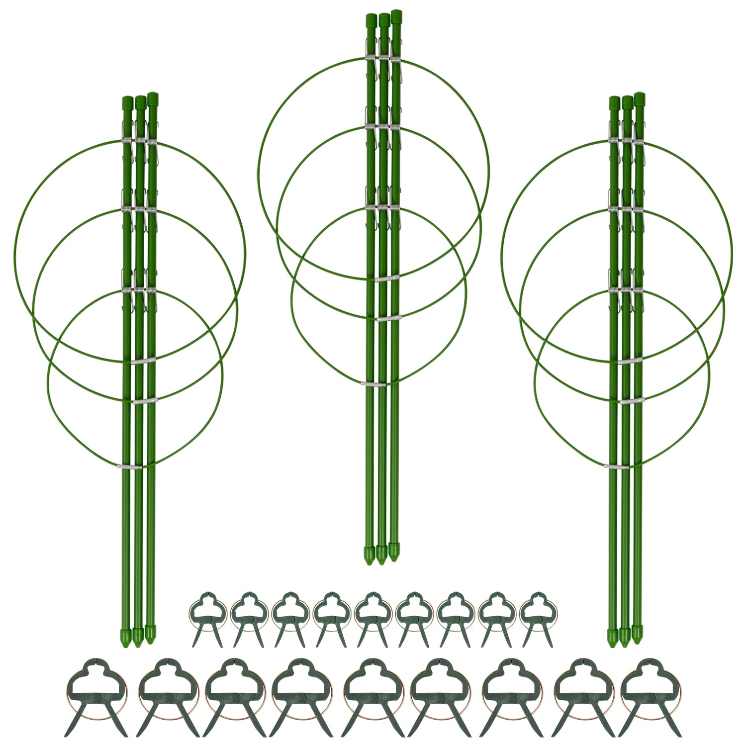 Woodside Garden Plant Support Rings Growing Cages, Adjustable Stakes & Clips – 3 PACK