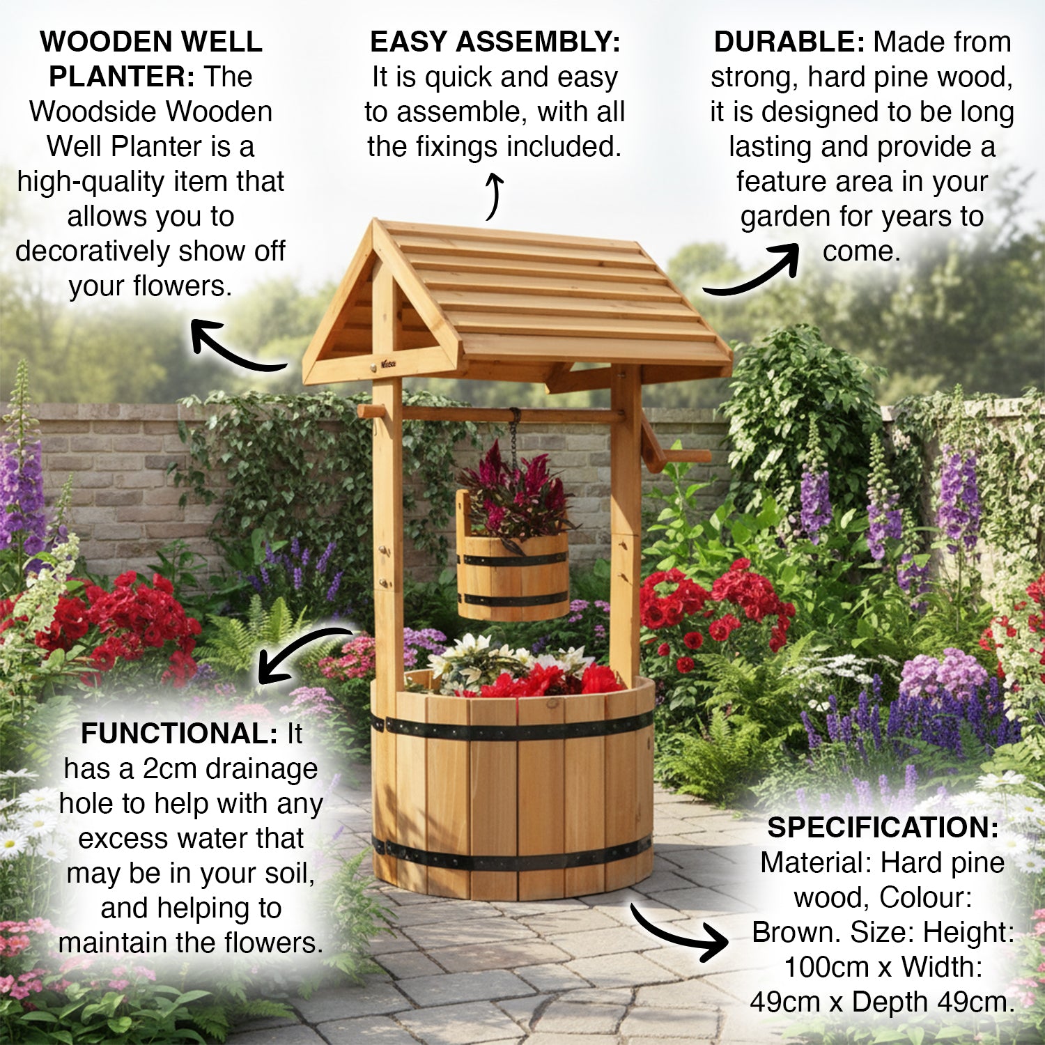 Woodside Wooden Ornamental Garden Plant/Flower Wishing Well Planter