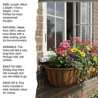 Woodside Extra Deep Natural Coco Fibre Wall/Window Trough Replacement Liners, 60cm, pack of 5