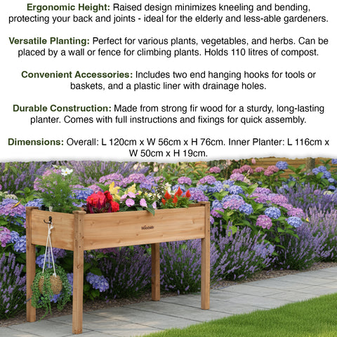 Woodside raised wooden garden bed planter with plants and vegetables, ideal for growing herbs and vegetables in a home garden.