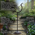 Sundial in a garden setting with text describing its features.