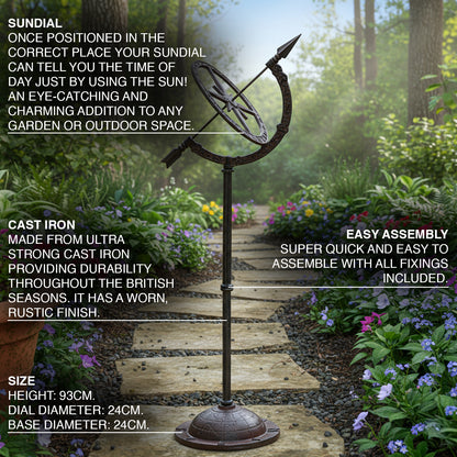 Sundial in a garden setting with text describing its features.