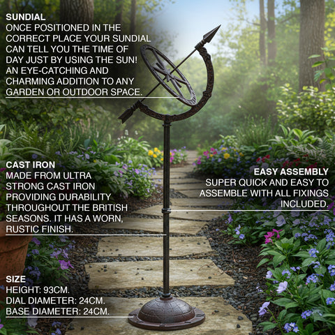 Sundial in a garden setting with text describing its features.
