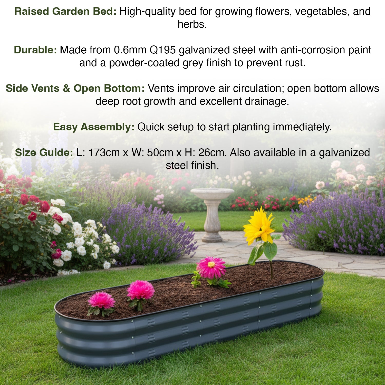 Woodside Galvanised Steel Raised Garden Planter Bed Kit for Flowers/Vegetables, Powder Coated Grey