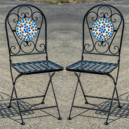 Folding Garden Bistro Chairs – Folding Metal Outdoor Chairs, Blue Tile Design x 2