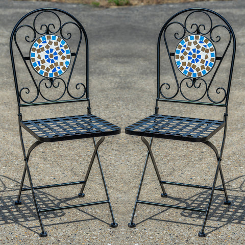 Folding Garden Bistro Chairs – Folding Metal Outdoor Chairs, Blue Tile Design x 2