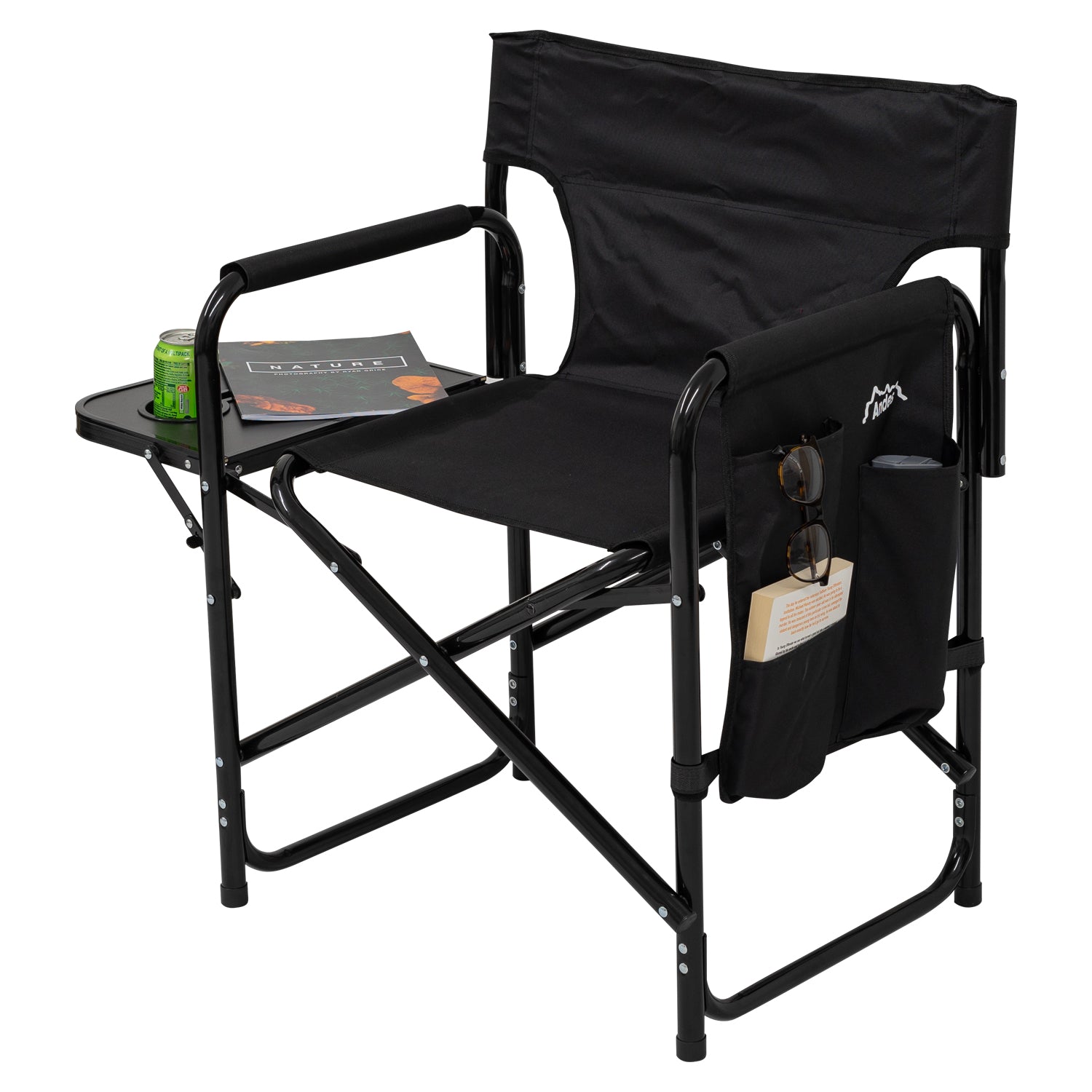 Andes Folding Camping Garden Chair, Aluminium Fishing Directors Chair with Side Table x 2