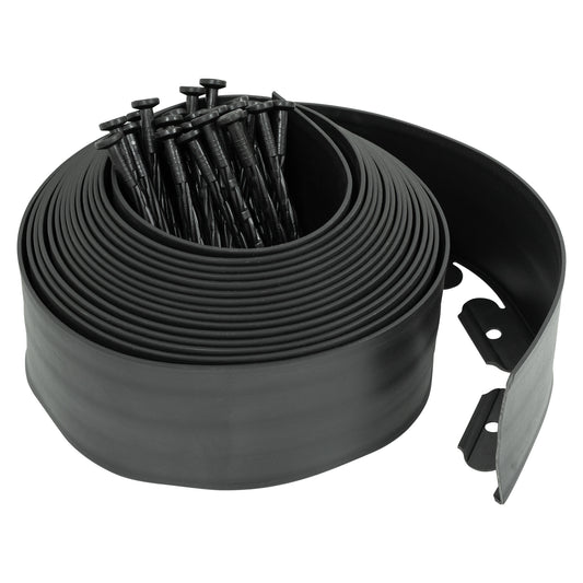 Woodside Garden Lawn Border Edging Flexible 10m x 10cm Black Plastic Path Edge with Pegs