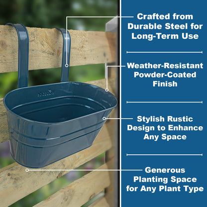 Woodside 4 Pack Metal Hanging Basket Planters – Durable Green Steel Balcony & Fence Flower Pots
