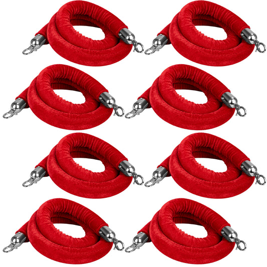Hausen Red Velvet Barrier Rope Silver 8 Pack – Premium 1.5m Velvet Queue Barrier Ropes with Silver Clips for Events, Venues, Hotels and Exhibitions