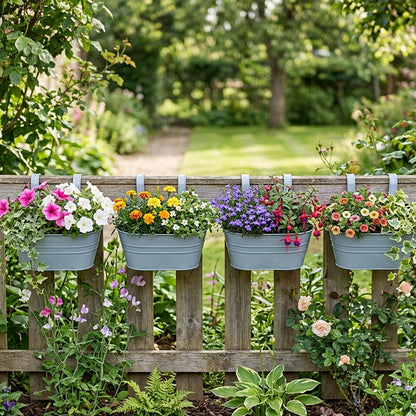 Woodside 4 Pack Metal Hanging Basket Planters – Durable Green Steel Balcony & Fence Flower Pots