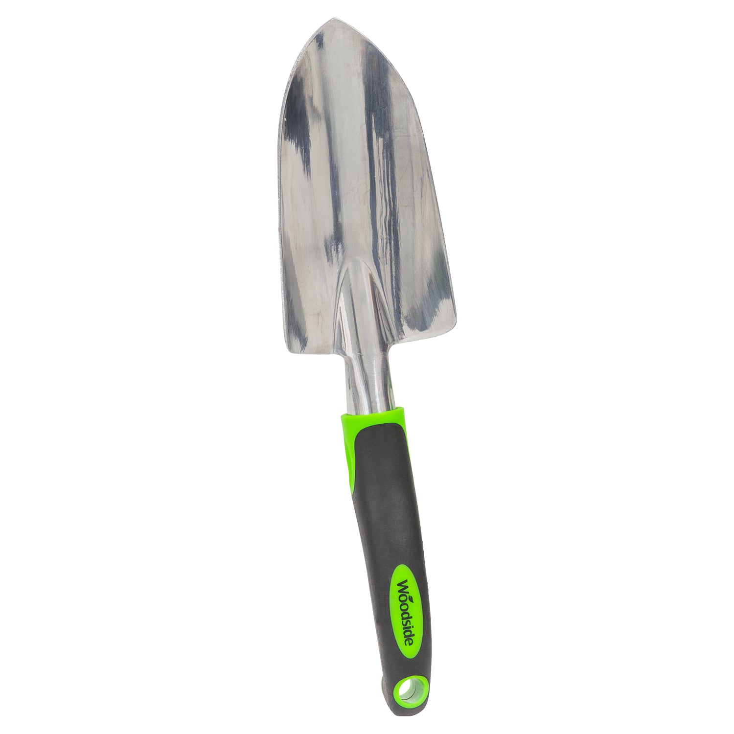 Gardening trowel with green handle on a white background