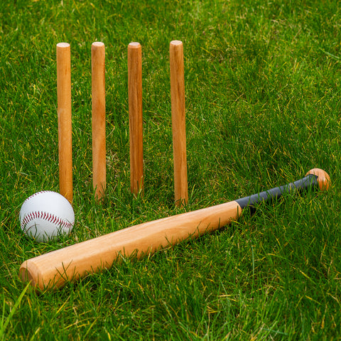 Wollowo Outdoor Wooden Rounders Game Set Bat Ball Base Posts/Stumps