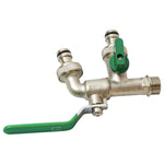 Woodside Brass Nickelplated Â½â€ Double Outlet Garden Tap, 2 x Â¾â€ Hose Connectors