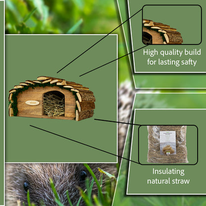 Wooden Hedgehog House with Bark Roof & Natural Straw Nesting Material – Complete Garden Wildlife Kit