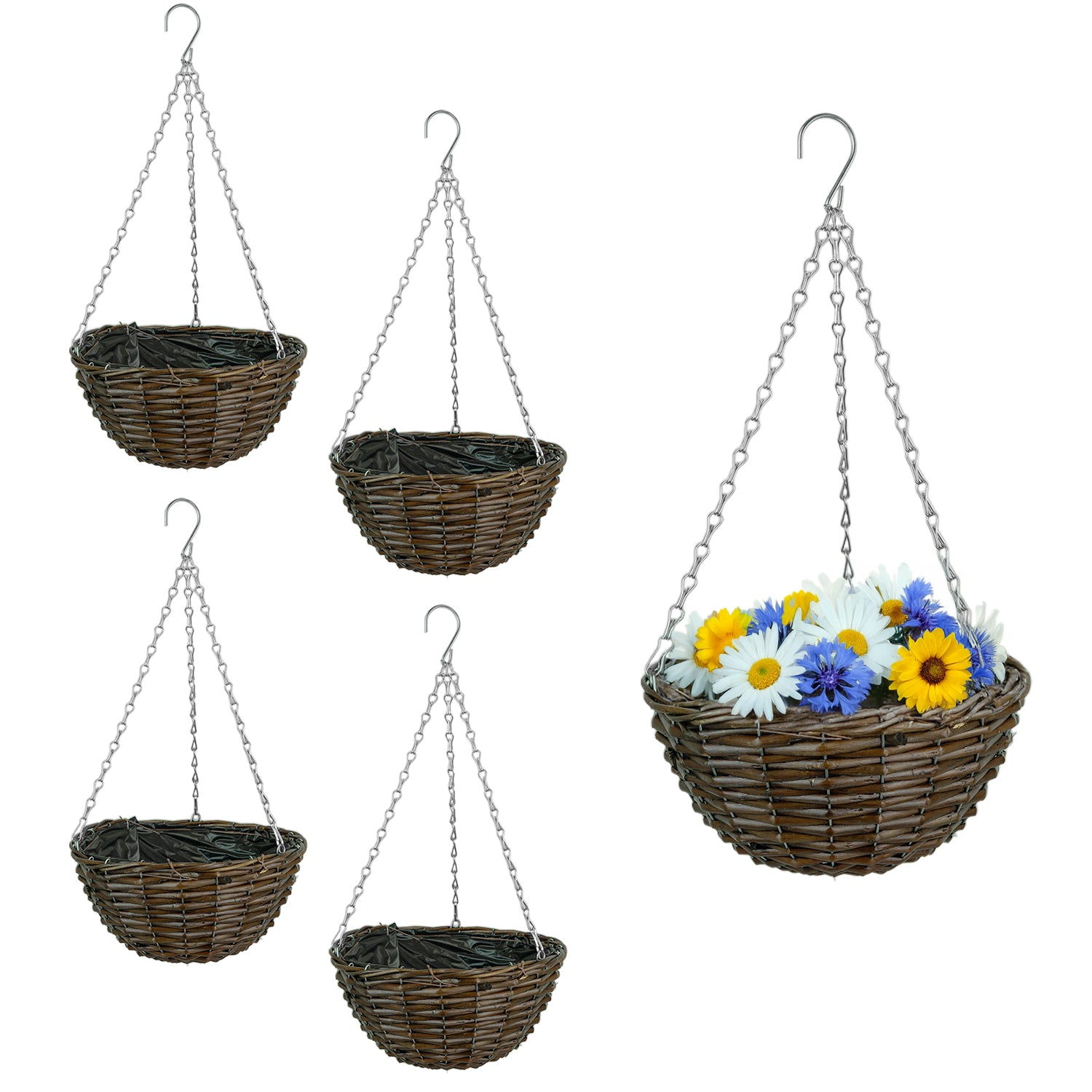 Woodside 4 Pack Wicker Hanging Baskets with Plastic Liners – 30cm Durable Garden Hanging Planters