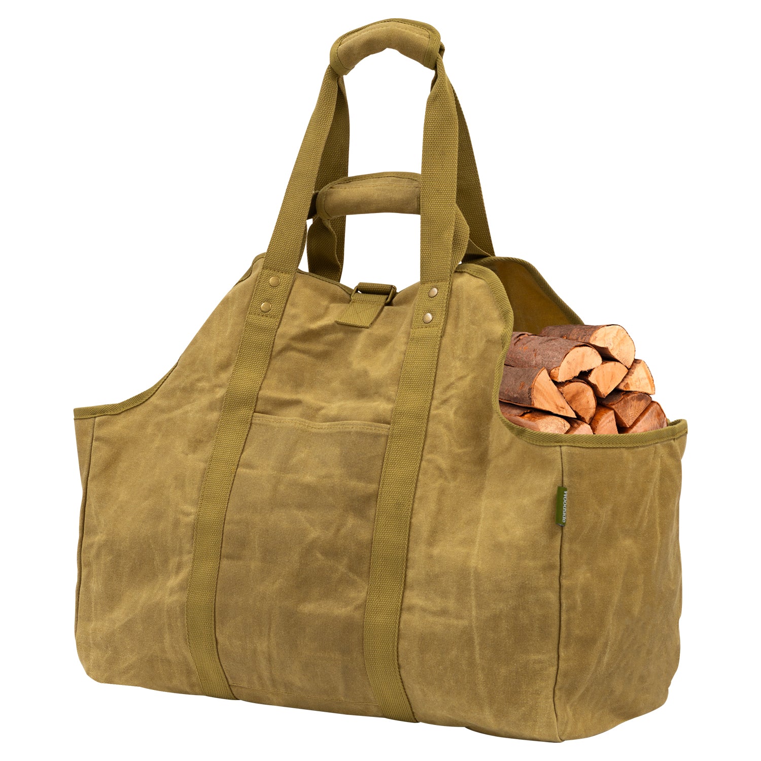 Woodside Firewood Log Carrier Bag, Heavy Duty Waterproof Waxed Canvas with Padded Handles & Pocket