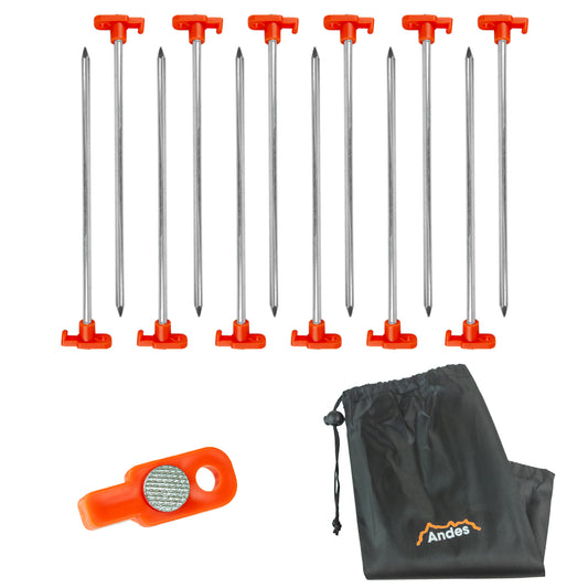 Andes 12pc Heavy Duty Galvanised Tent Peg Set 25cm Nail Style Ground Pegs with Carry Bag