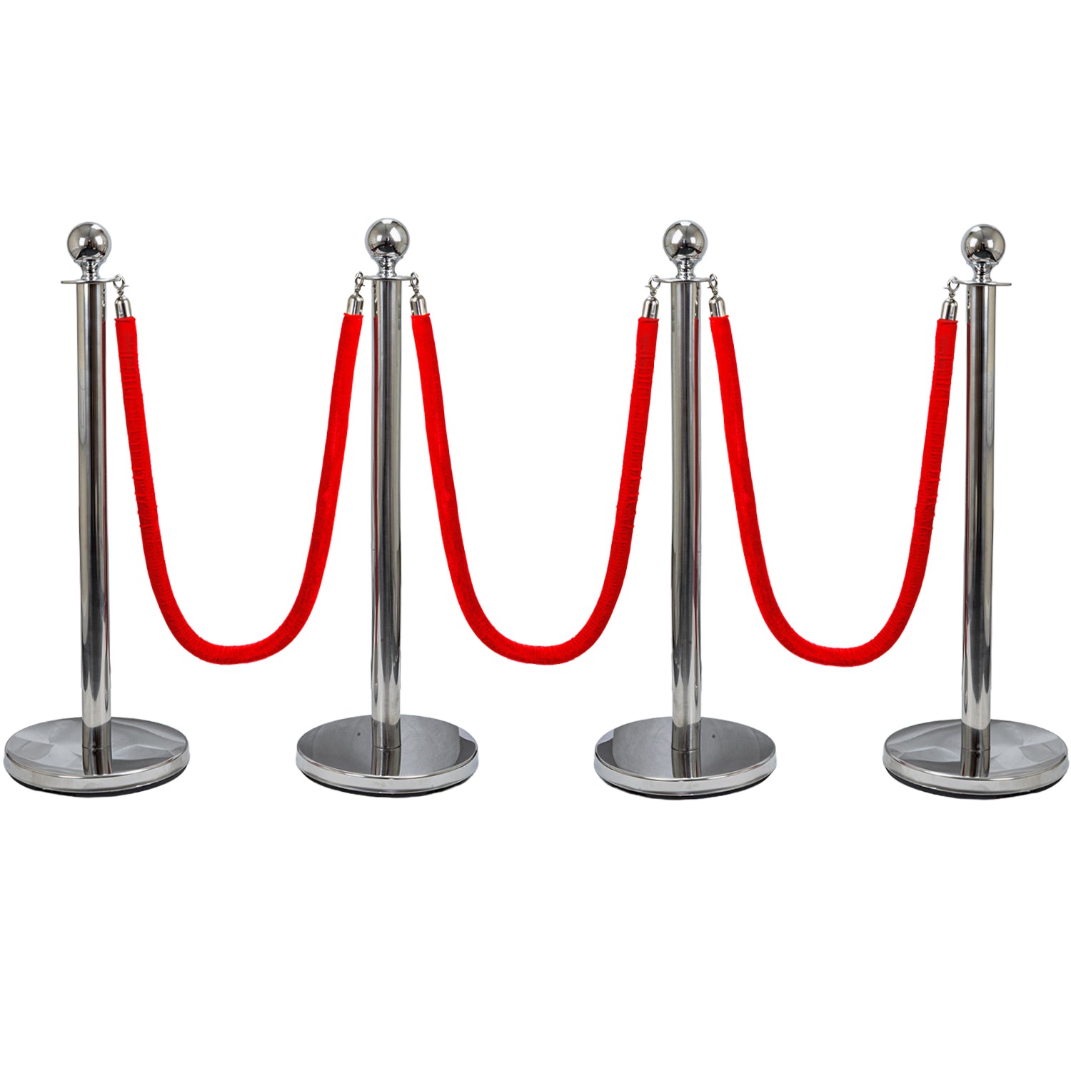 Hausen Silver Crowd Control Barrier System 4 Pack – Queue Management Posts with 3 Ropes - 4.5m Total Length