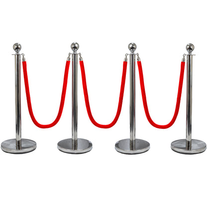 Hausen Silver Crowd Control Barrier System 4 Pack – Queue Management Posts with 3 Ropes - 4.5m Total Length