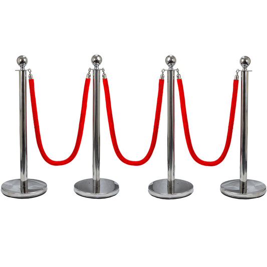 Hausen Silver Crowd Control Barrier System 4 Pack – Queue Management Posts with 3 Ropes - 4.5m Total Length