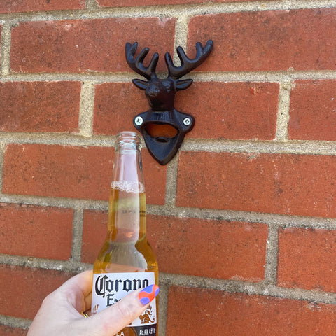 Woodside Wall Mounted Cast Iron Deer Head Beer Bottle Opener, Rustic/Antique