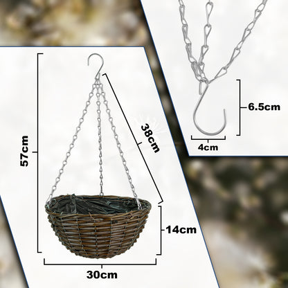 Woodside 4 Pack Wicker Hanging Baskets with Plastic Liners – 30cm Durable Garden Hanging Planters