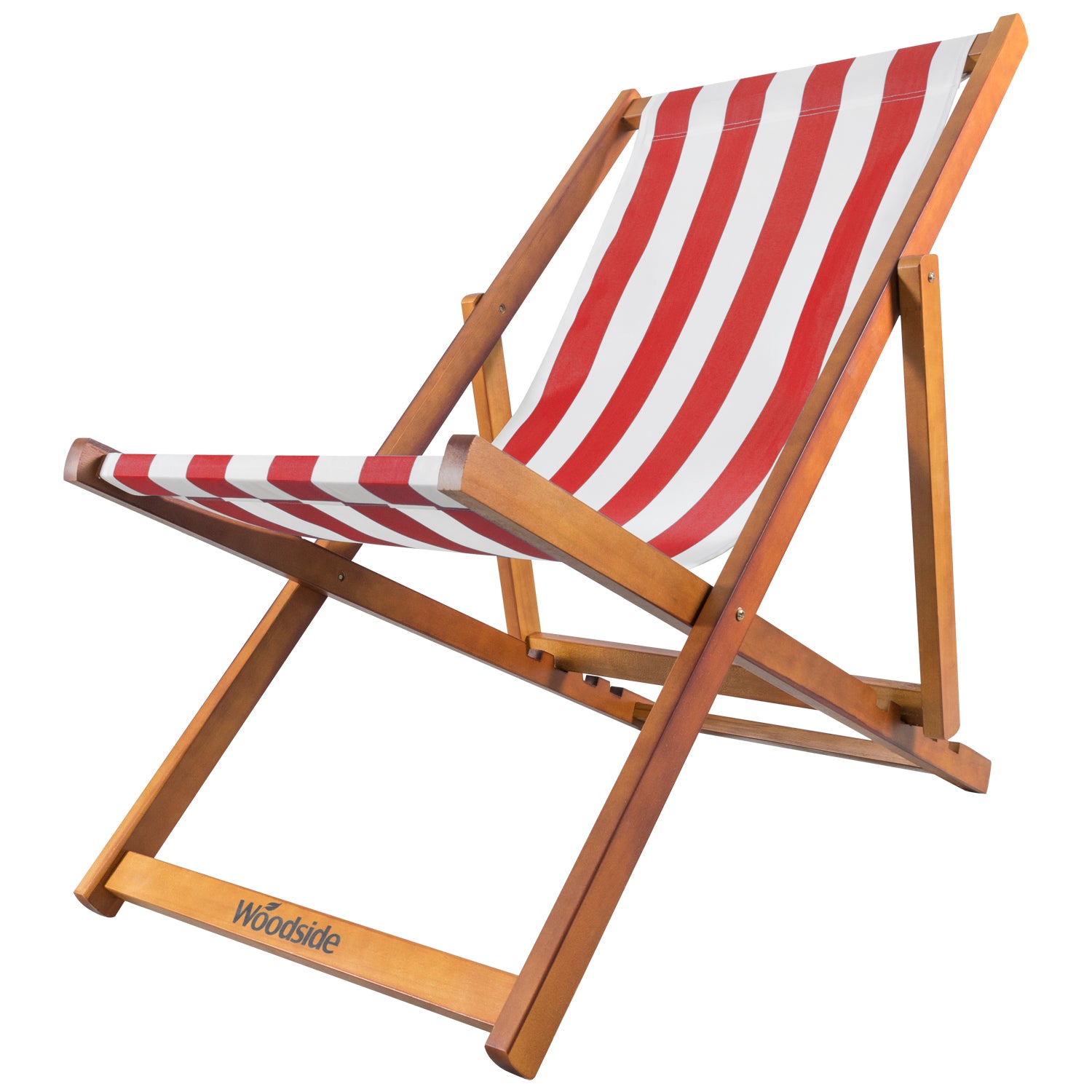 Woodside Traditional Folding Beach/Garden Wooden Deck Chair Seaside Lounger, Red/White