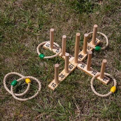 Woodside Garden Quoits Ring Toss Game, Outdoor Family Lawn Fun, 5 Rope 9 Pin