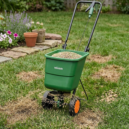 Woodside 12L Large Capacity Lawn Seed & Fertiliser Drop Spreader with Adjustable Spread Settings and All-Terrain Wheels