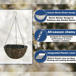 Woodside 4 Pack Wicker Hanging Baskets with Plastic Liners – 30cm Durable Garden Hanging Planters