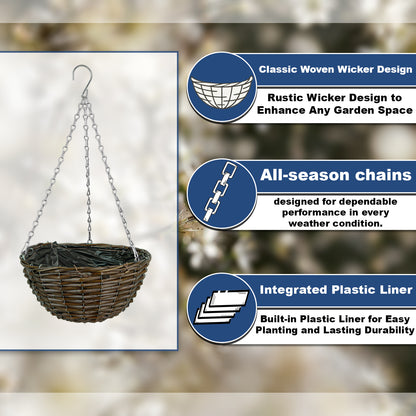 Woodside 4 Pack Wicker Hanging Baskets with Plastic Liners – 30cm Durable Garden Hanging Planters