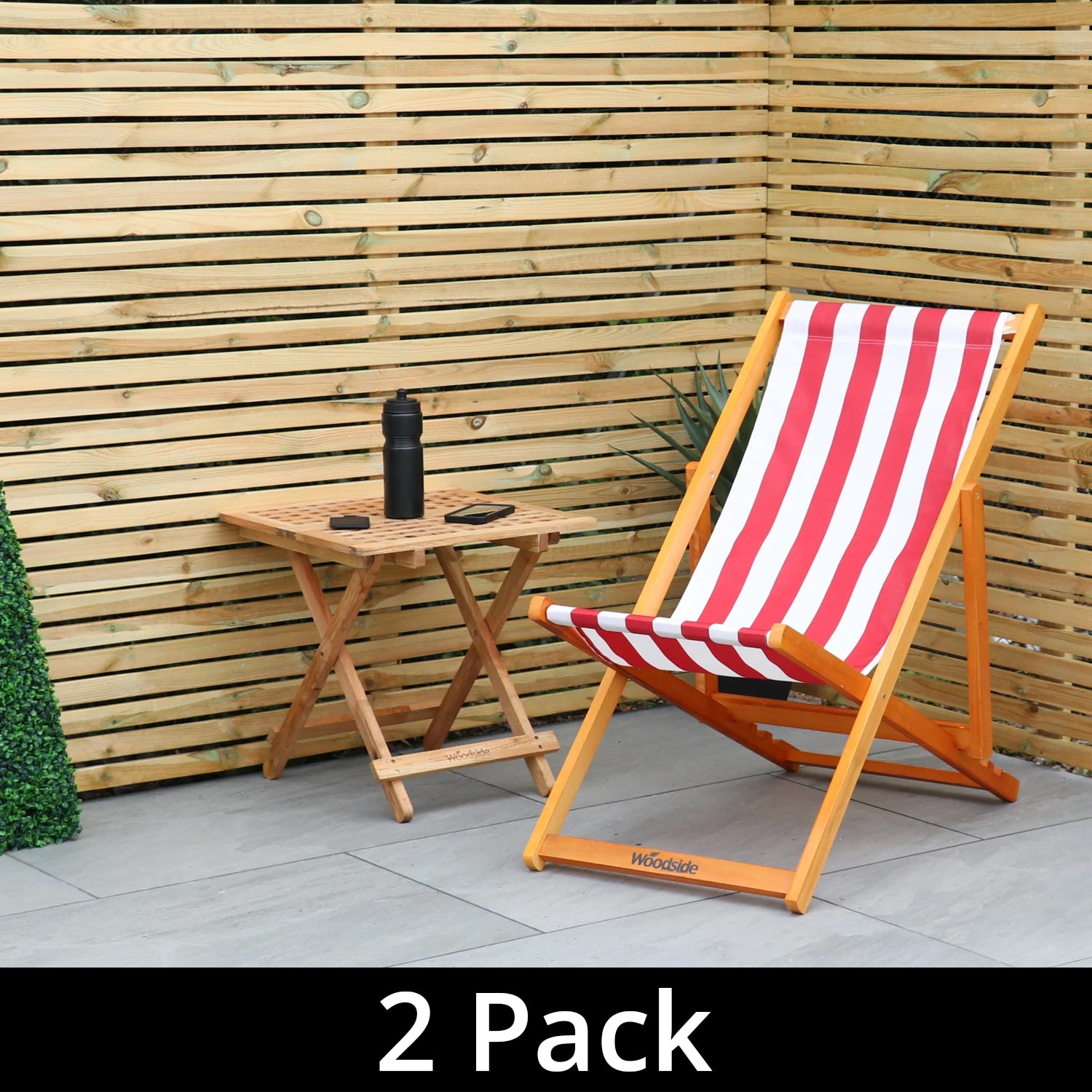 Woodside Traditional Folding Beach/Garden Wooden Deck Chair Seaside Lounger Red & White x 2