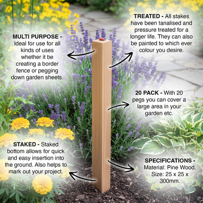 Woodside 40 Pack 12 Inch (300mm) Square Wooden Fencing Stakes – Pressure-Treated Pine Garden Fence Pegs and Site Markers