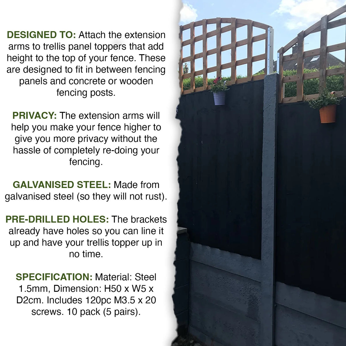 Woodside 20 Pack 50cm Fence Trellis Extension Arms & Topper Brackets – Galvanised Steel