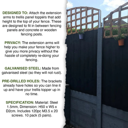 Woodside 20 Pack 50cm Fence Trellis Extension Arms & Topper Brackets – Galvanised Steel