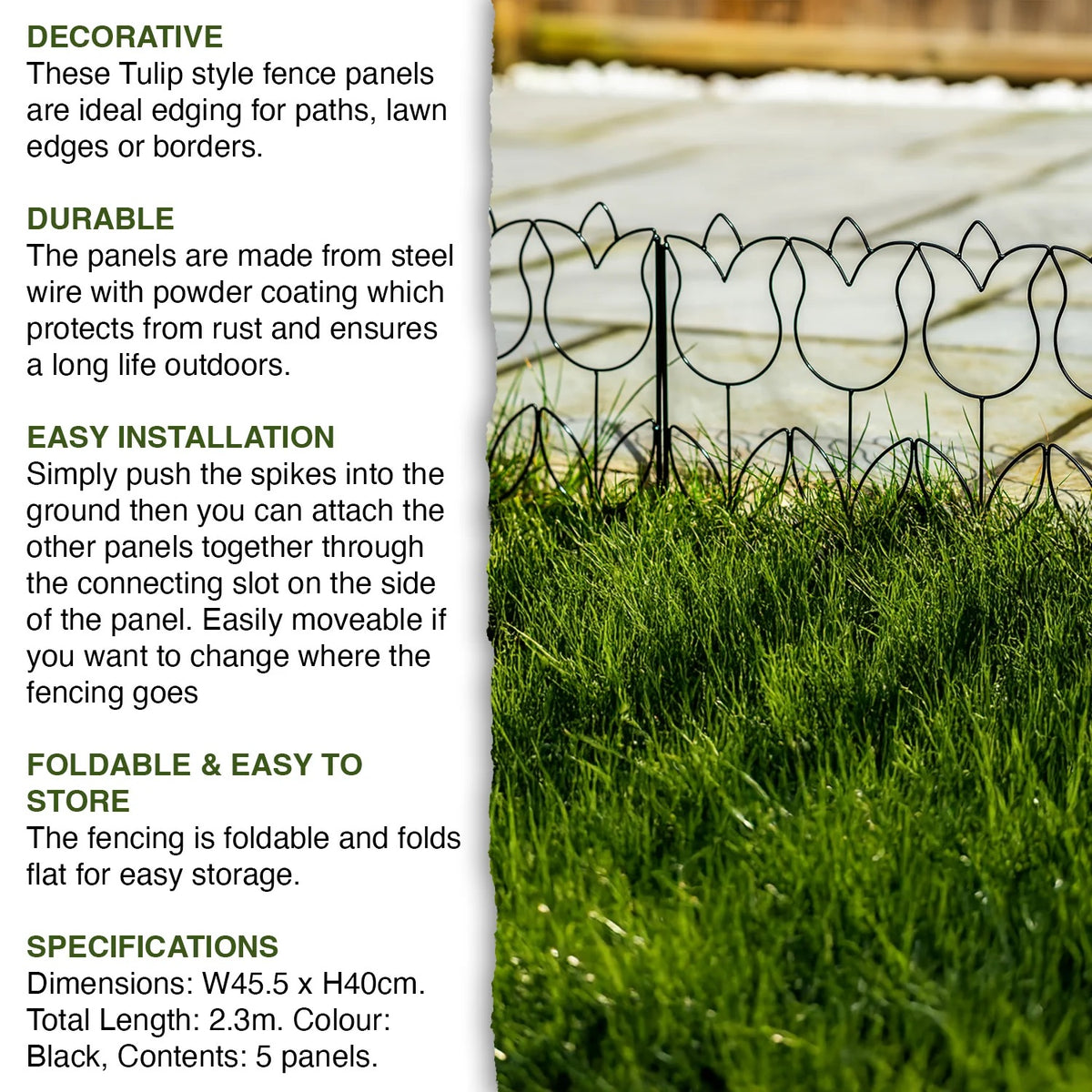 Woodside 10 Pack Decorative Tulip Style Garden Border Lawn Edging – Steel Fence, 4.6m
