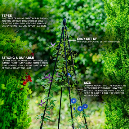 Woodside 2 Pack 1.8m Metal Garden Tepee Obelisks – Steel Climbing Plant Support Trellis Frames
