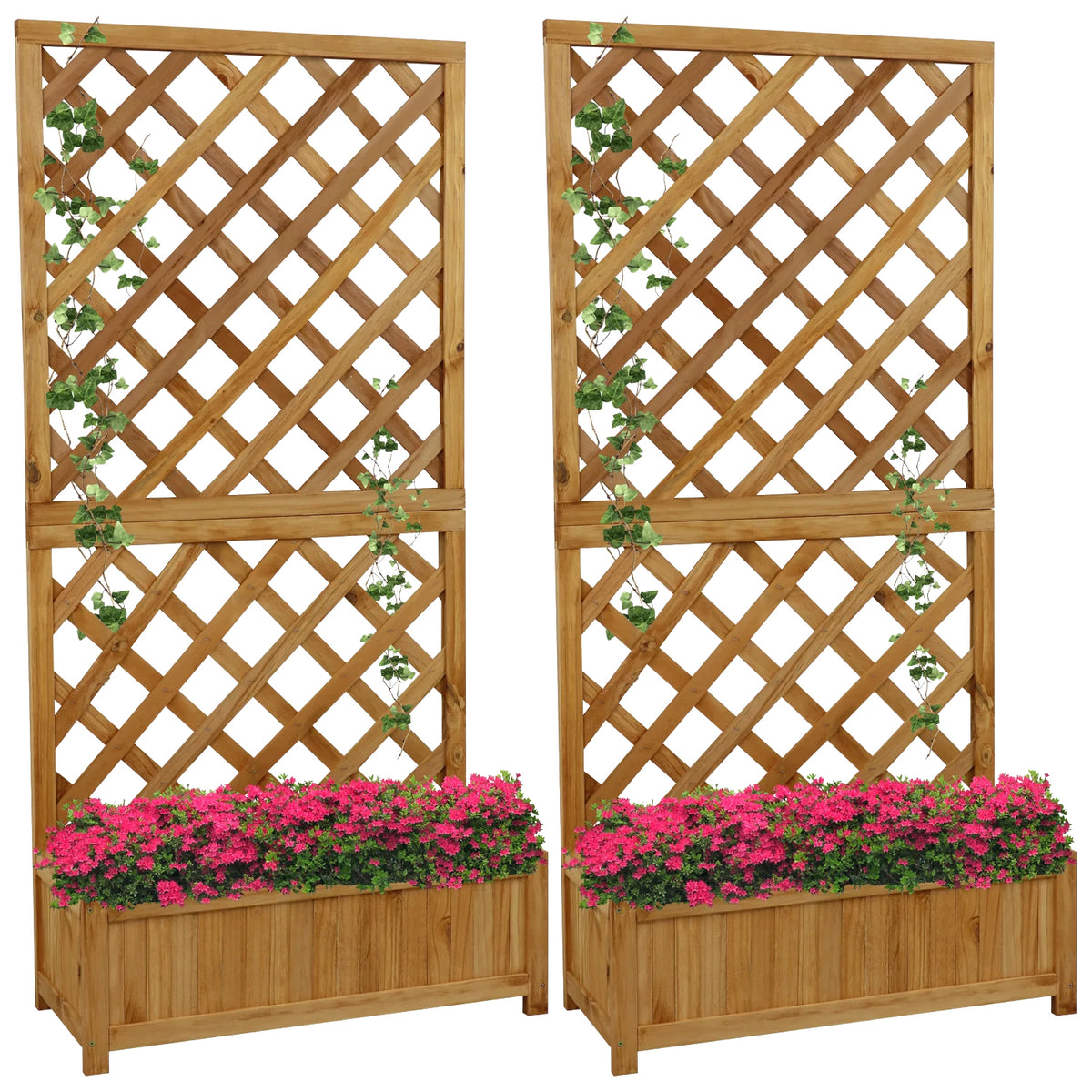 Woodside Aldburgh 2 Pack Large Wooden Garden Trough Planters with Trellis – Raised Flower Containers & Climbing Frames