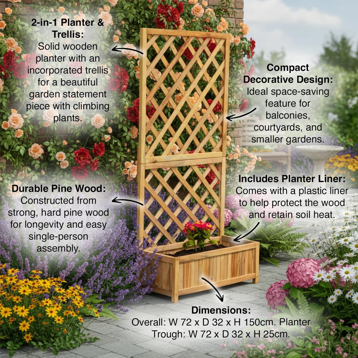 Woodside Aldburgh 2 Pack Large Wooden Garden Trough Planters with Trellis – Raised Flower Containers & Climbing Frames