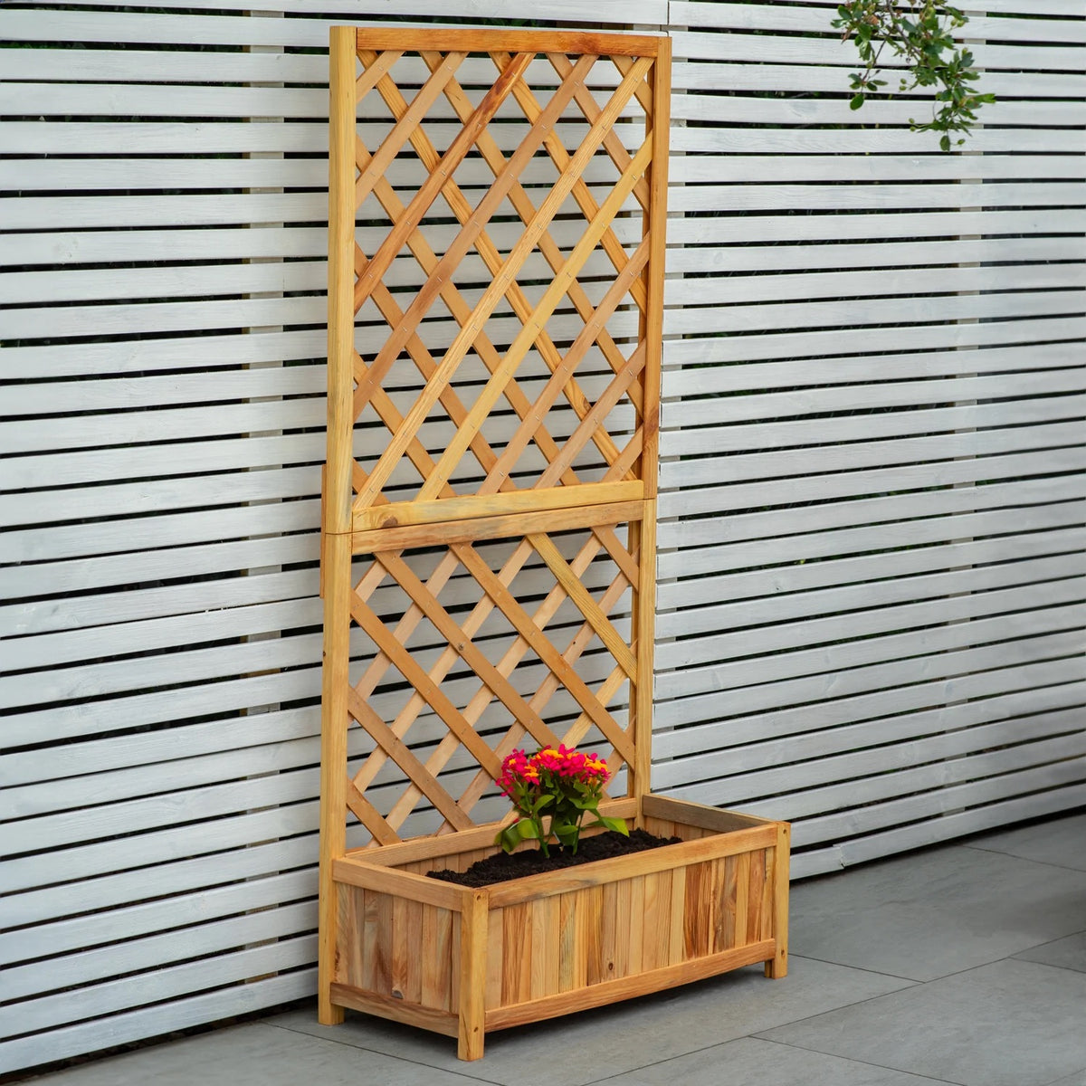 Woodside Aldburgh 2 Pack Large Wooden Garden Trough Planters with Trellis – Raised Flower Containers & Climbing Frames