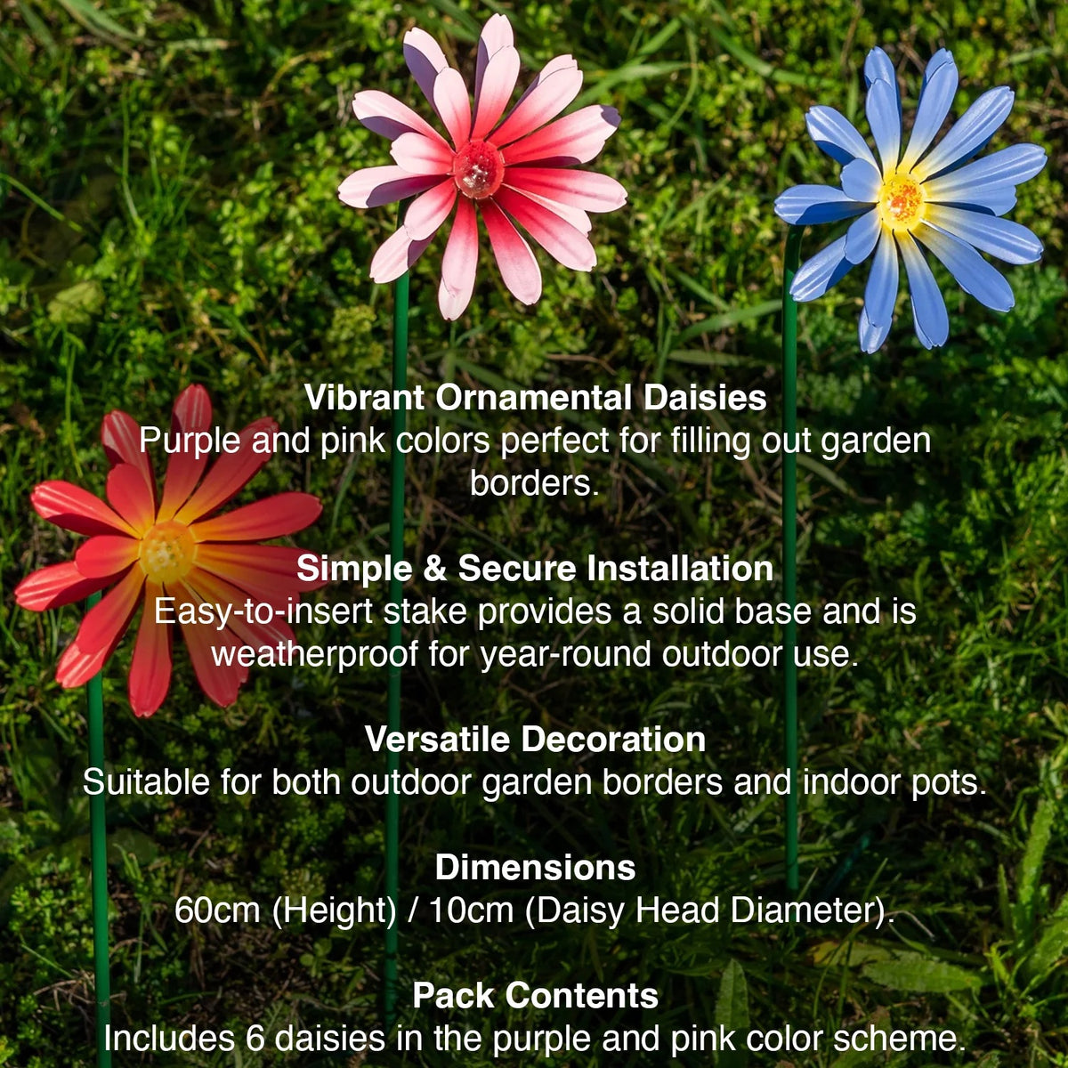 Woodside 12 Pack Pink & Purple Ornamental Metal Daisy Stakes – 60cm Decorative Garden Border & Pathway Flowers